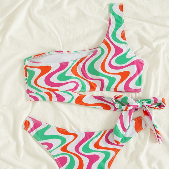 Damen asymmetrisches Bikini-Set mit buntem Wellenmuster EB
