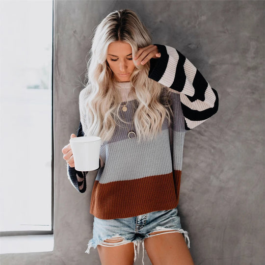 Damen Oversized Strickpullover mit buntem Blockstreifenmuster EB