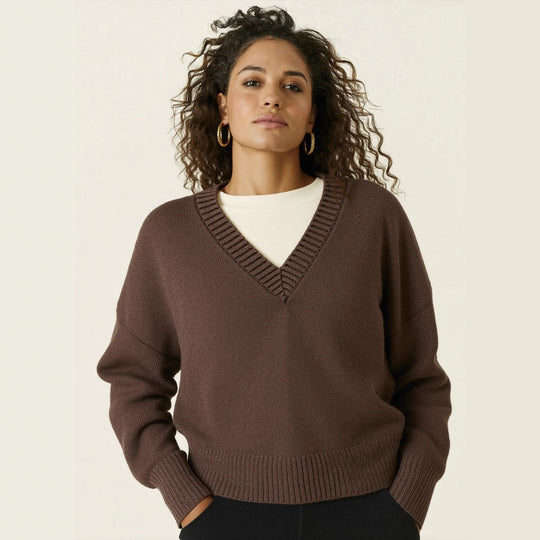 Damen V-Ausschnitt Strickpullover mit lässigem Schnitt EB