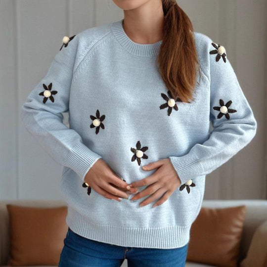 Damen Strickpullover mit floralen Applikationen und lässigem Schnitt EB