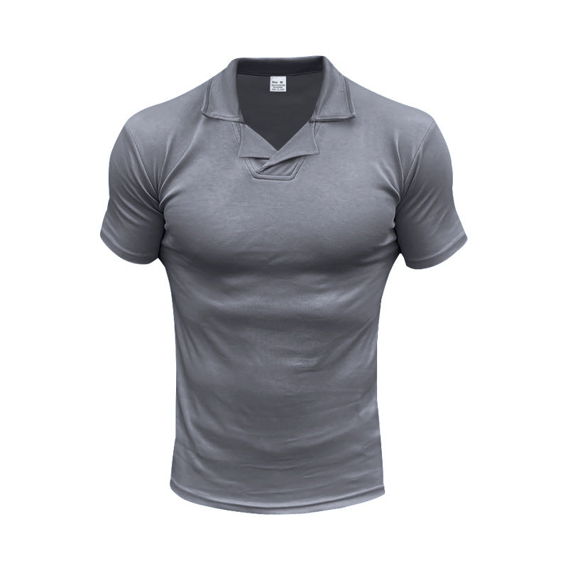 Herren nan schmal geschnittenes Kurzarm-Polo mit offenem Hemdkragen und elastischem Baumwollstretch EB