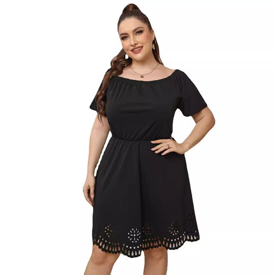 Damen Off-Shoulder Kleid mit dekorativem Lochmuster EB