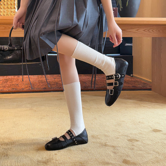 Damen Stilvolle Ballerinas mit doppeltem Riemen und modischen Schnallen EB