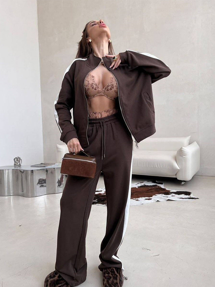 Damen Velours-Loungewear-Set mit Stehkragen, Zip-Jacke und weitem Palazzo-Hosenbein EB