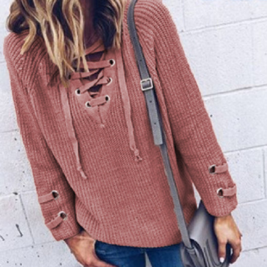 Damen Strickpullover mit dekorativem Schnürdesign und komfortablem Schnitt EB