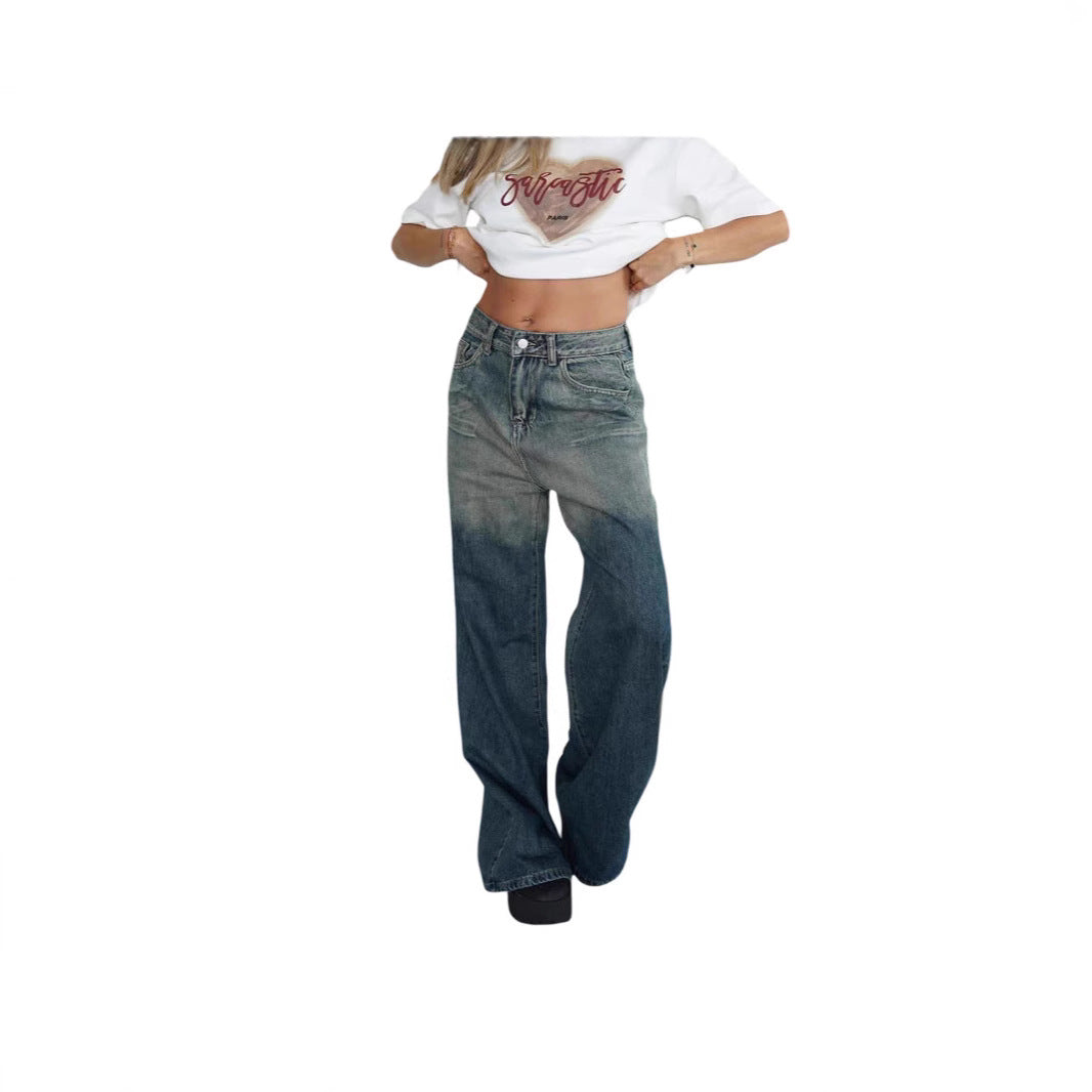 Damen lockere High-Waist Jeans mit angesagtem Farbverlauf und weitem Bein EB