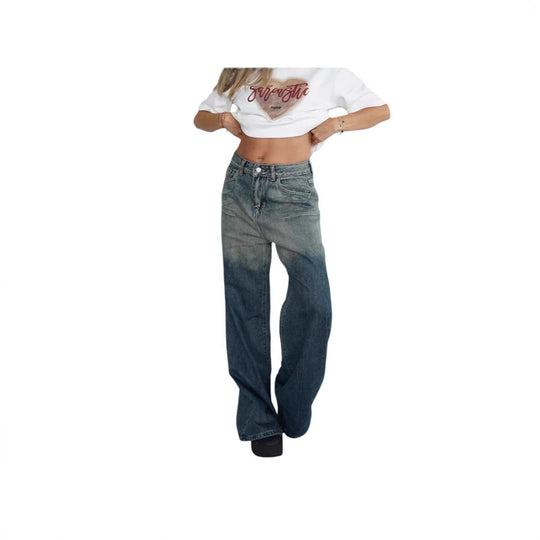 Damen lockere High-Waist Jeans mit angesagtem Farbverlauf und weitem Bein EB