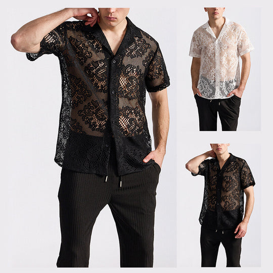Herren Designer-Hemd aus transparentem Häkelmaterial mit floralem Muster EB
