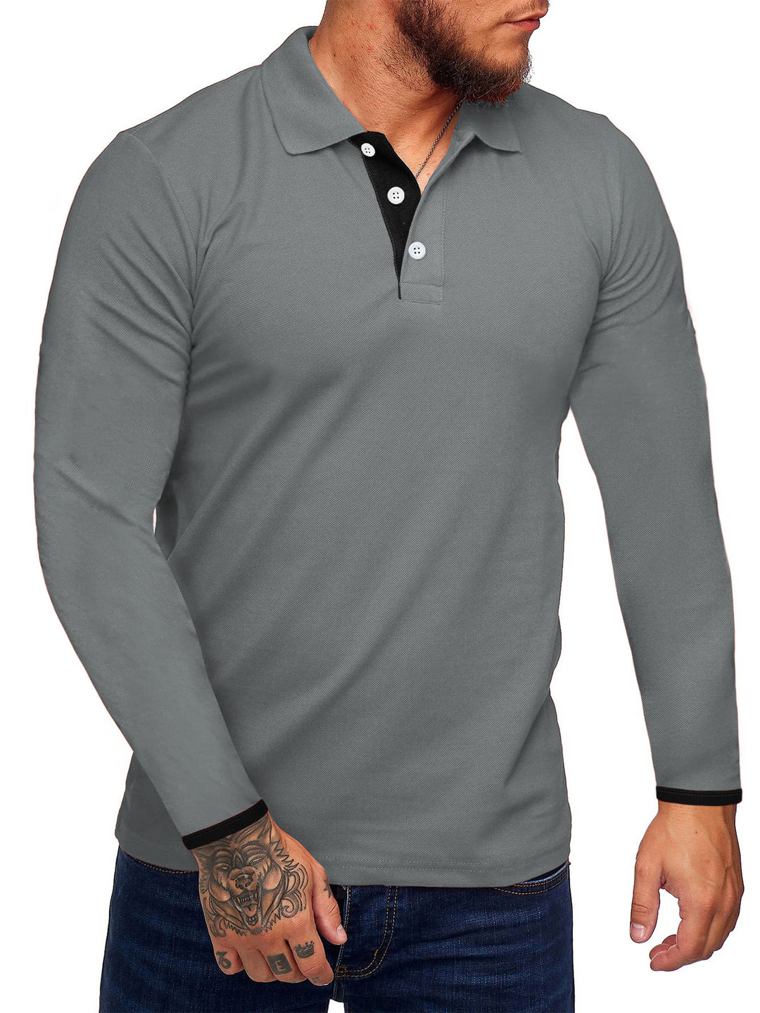 Herren Langarm-Polohemd mit kontrastierenden Knopfdetails EB