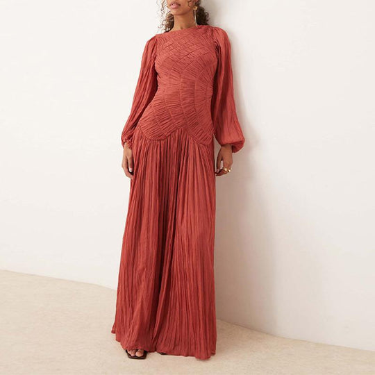 Damen Maxikleid mit raffinierten Falten und eleganten langen Ärmeln EB