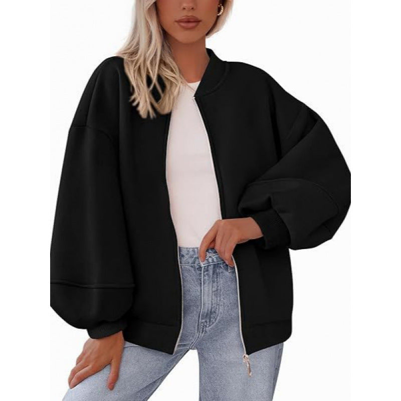 Damen lässige Oversized-Jacke mit Reißverschluss und ballonen Ärmeln EB