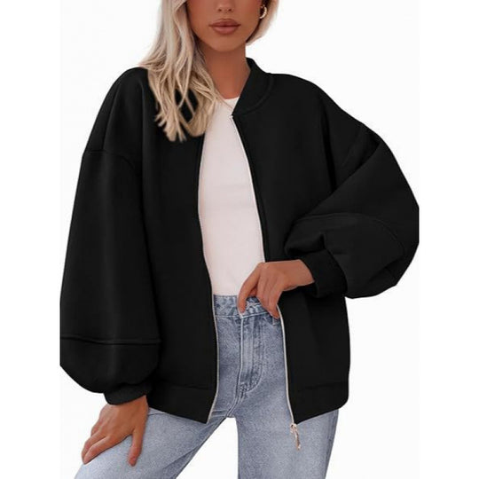 Damen lässige Oversized-Jacke mit Reißverschluss und ballonen Ärmeln EB