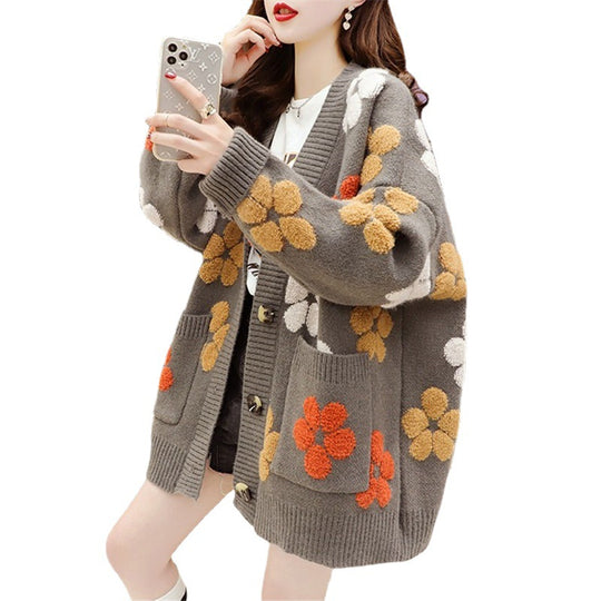 Damen Kuscheliger Strick-Cardigan mit floralen Applikationen und Knöpfen EB