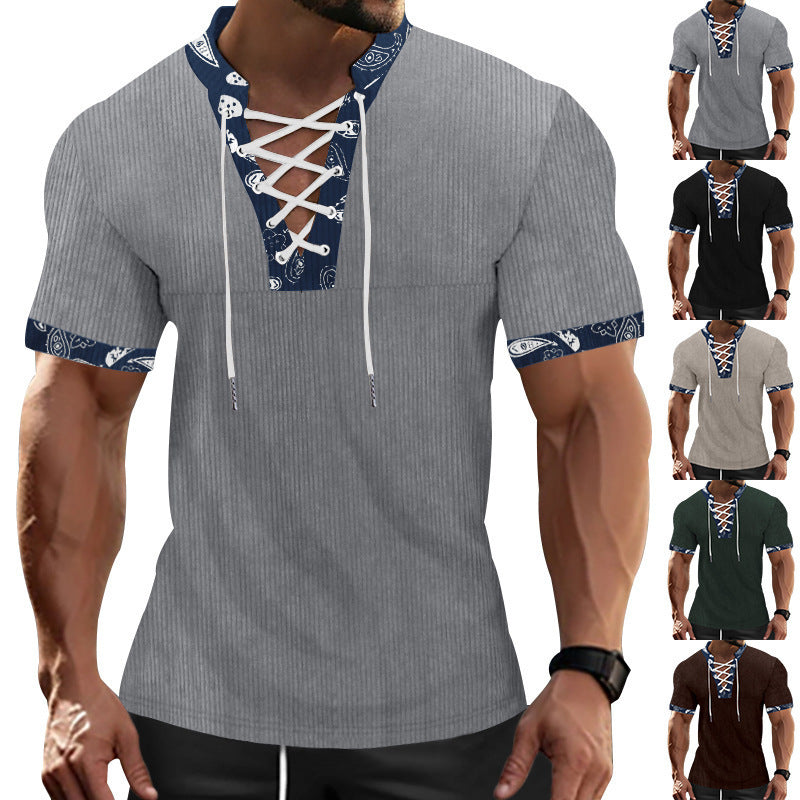 Herren Kurzarm Henley-Shirt mit modernem Schnürdesign und attraktiven Kontrastelementen EB