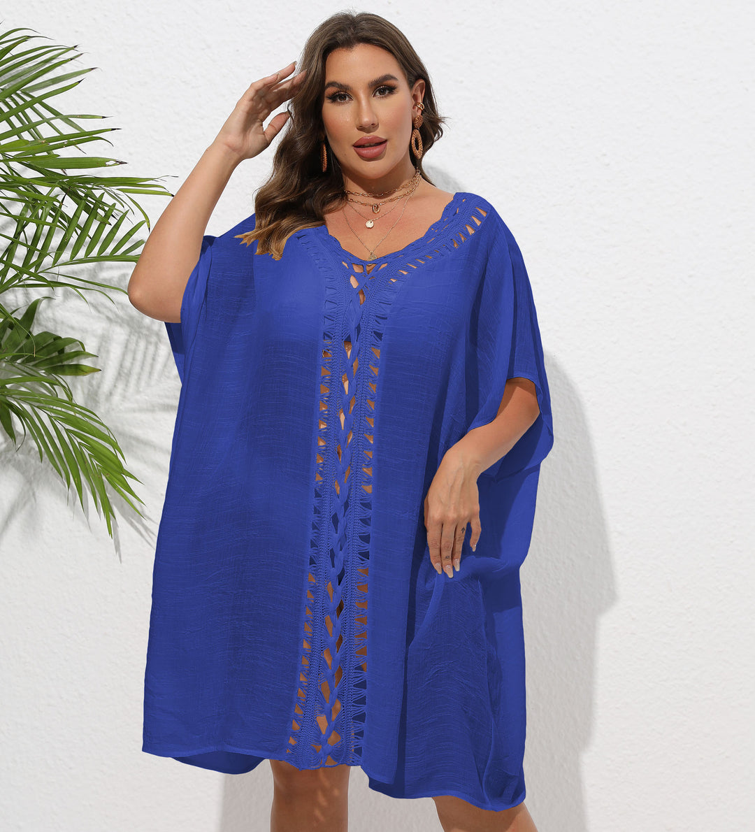 Damen Luftiger Strandkimono mit dekorativer Häkelspitze EB