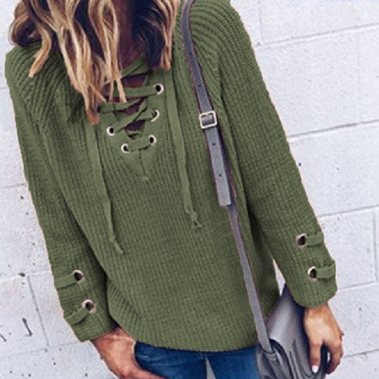 Damen Strickpullover mit dekorativem Schnürdesign und komfortablem Schnitt EB