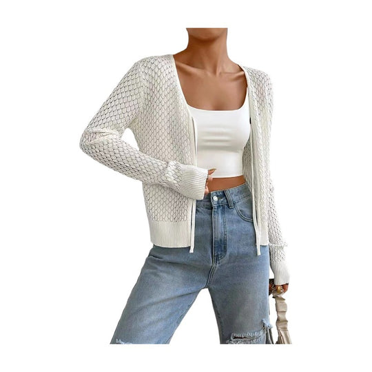 Damen Strickjacke mit tiefer V-Öffnung und zartem Lochmuster EB