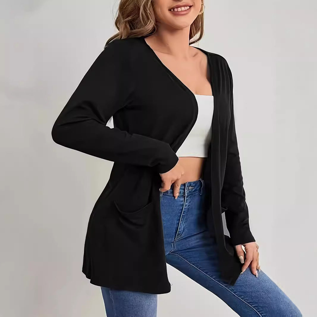 Damen Langarm Cardigan mit praktischen Taschen und offenem Schnitt EB