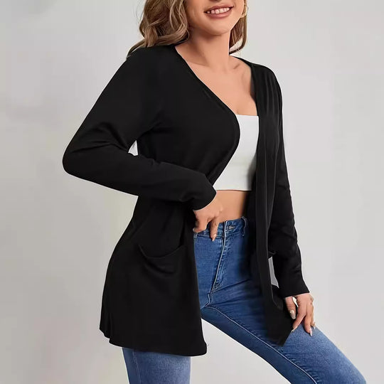 Damen Langarm Cardigan mit praktischen Taschen und offenem Schnitt EB