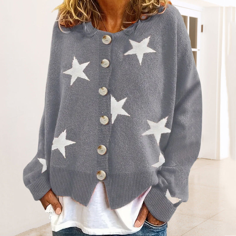 Damen modische Strickjacke mit Sternenmuster und Knopfdetails EB