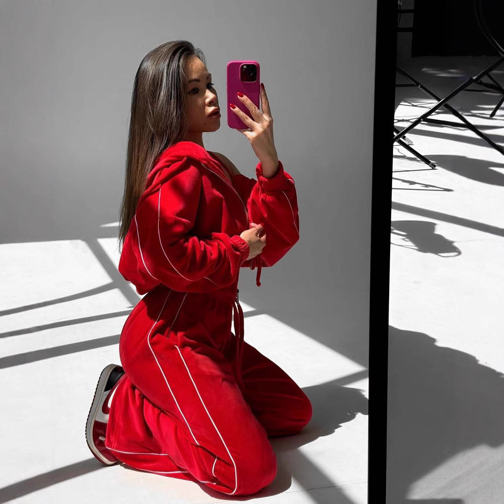 Damen Samt-Lounge-Set mit verkürzter Zip-Hoodie und weitem High-Waist Jogger EB