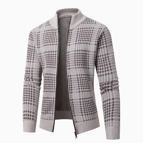 Herren modische Strickjacke mit modernem Karomuster und hohem Kragen EB