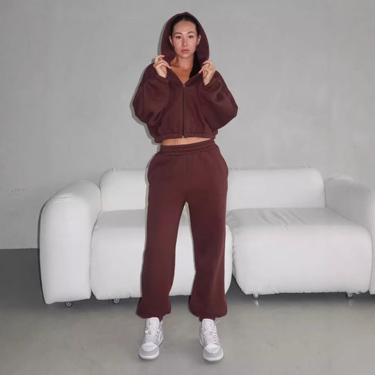 Damen Lounge-Set Cropped-Zip-Hoodie mit Oversize-Ärmeln und High-Waist Palazzo-Jogger EB