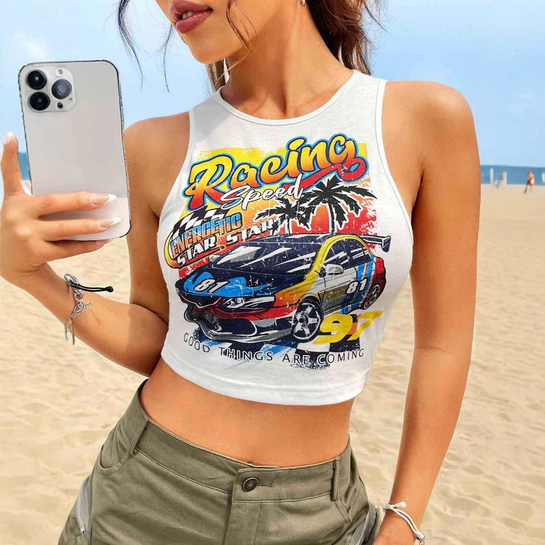 Damen Cropped Tank-Top mit kreativem Rennsport-Motiv und lässigem Schnitt EB