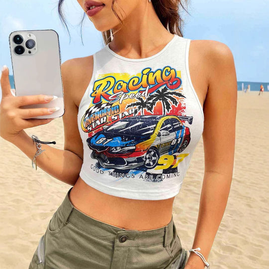 Damen Cropped Tank-Top mit kreativem Rennsport-Motiv und lässigem Schnitt EB