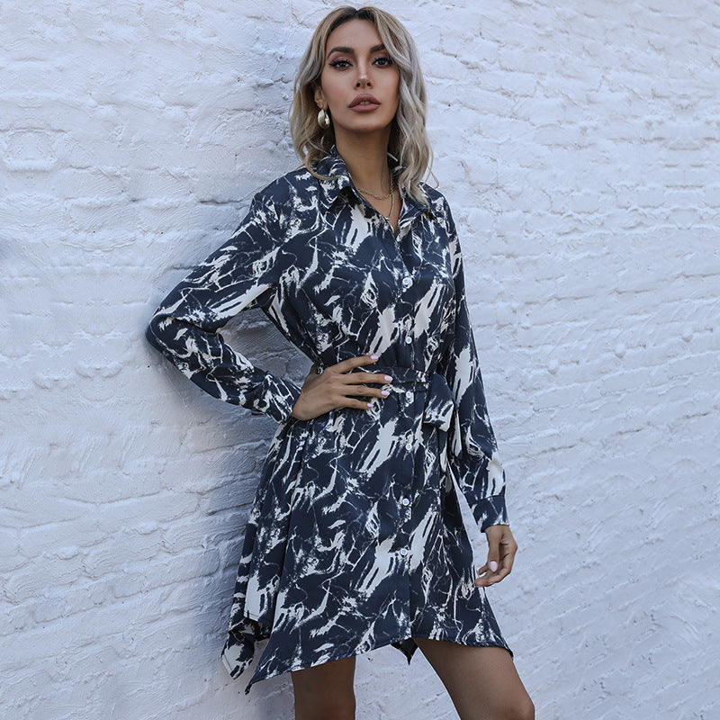 Damen Hemdblusenkleid mit elegantem Bindegürtel und modischem Muster EB