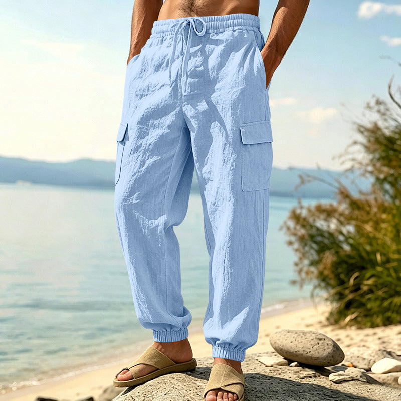 Herren nan leichte Cargo-Joggerhose aus Leinenmischung mit elastischem Tunnelzugbund, aufgesetzten Klappentaschen und gerippten Beinabschlüssen EB