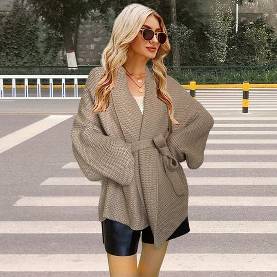 Damen Grobstrickjacke mit breitem Gürtel und weitem Schnitt EB