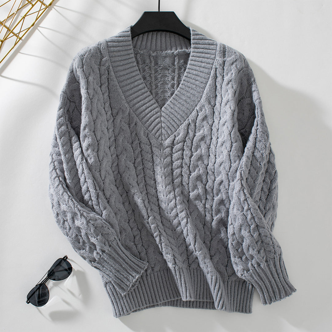 Damen Grobstrickpullover mit V-Ausschnitt und Zopfmuster EB
