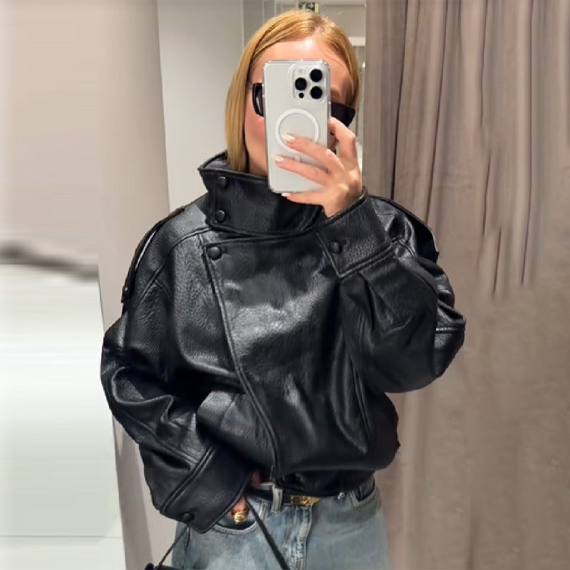 Damen Modische Kunstlederjacke im Oversized-Stil EB