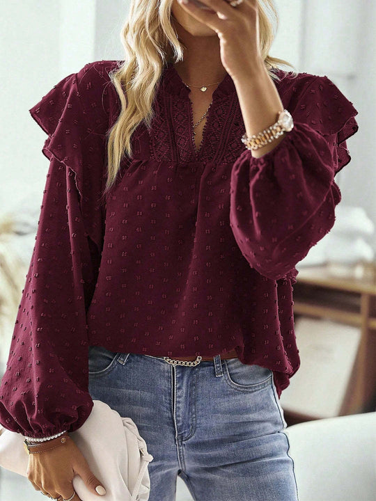 Damen Viskose-Bluse mit Spitzenstickerei und Volantärmeln EB