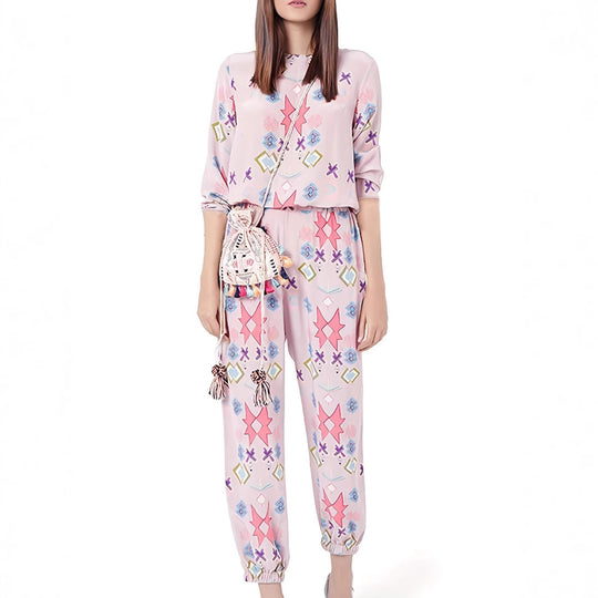 Damen Loungewear Set mit farbenfrohen geometrischen Mustern und elastischem Bund EB