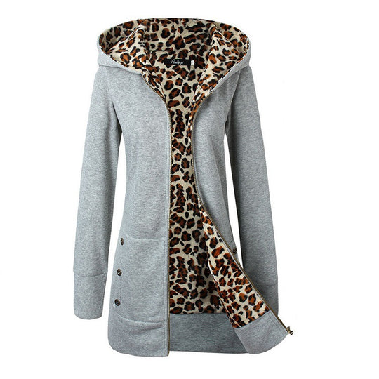 Damen Kapuzenpulloverjacke mit leopardem Innenfutter EB