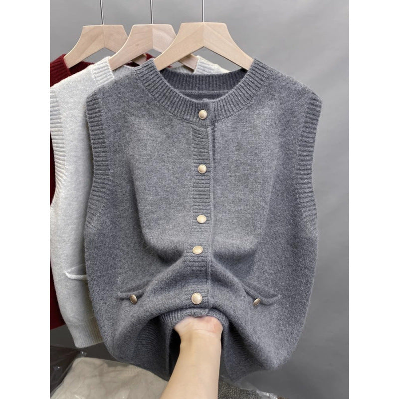 Damen Strickweste mit Knopfdetails und seitlichen Taschen EB