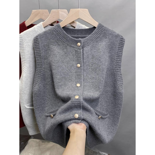 Damen Strickweste mit Knopfdetails und seitlichen Taschen EB