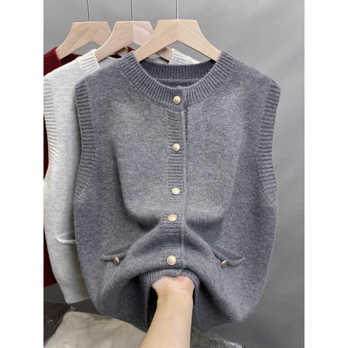 Damen Strickweste mit Knopfdetails und seitlichen Taschen EB