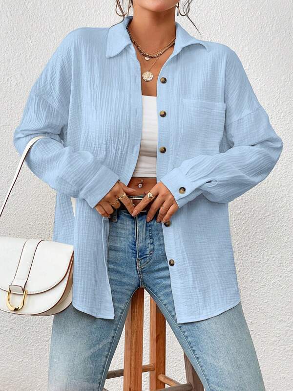 Damen Lässiges Overshirt mit Knopfleiste und Brusttasche EB
