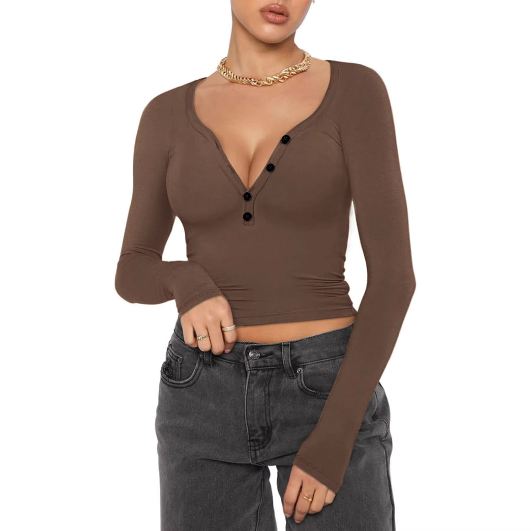 Damen nan figurbetontes geripptes Longsleeve mit Henley-Knopfleiste und tiefem V-Ausschnitt EB