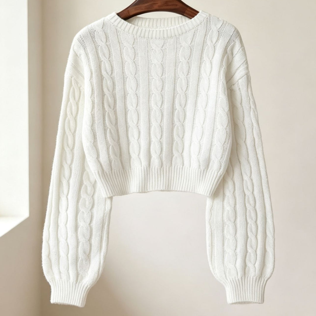 Damen Cropped Zopfmuster-Strickpullover mit kastiger Silhouette und Ballonärmeln EB