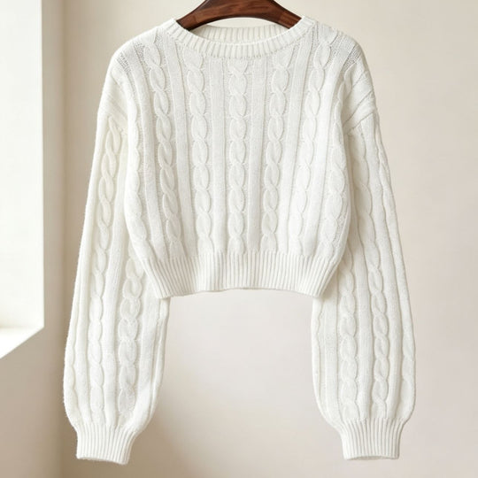 Damen Cropped Zopfmuster-Strickpullover mit kastiger Silhouette und Ballonärmeln EB
