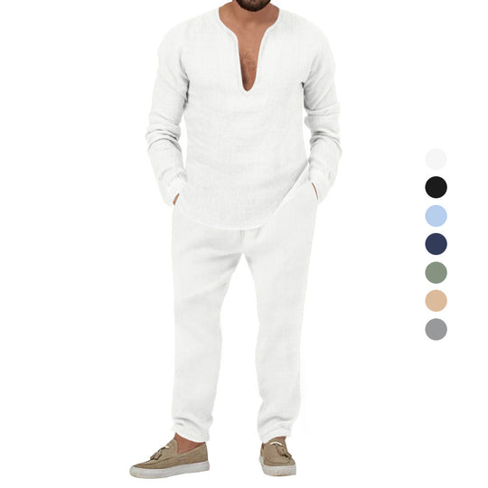 Herren lässiges Leinen-Outfit mit tiefem V-Ausschnitt und elastischem Bund EB