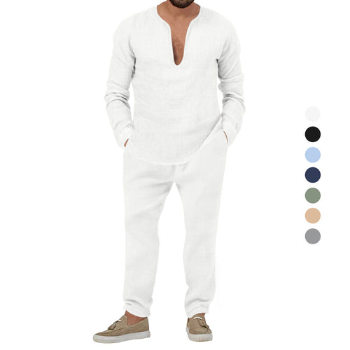 Herren lässiges Leinen-Outfit mit tiefem V-Ausschnitt und elastischem Bund EB