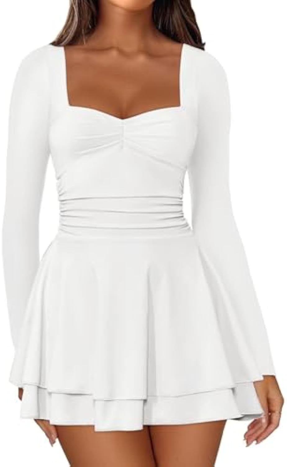 Damen Langarm-Minikleid mit quadratischem Ausschnitt, taillierter Raffung und zweilagigem Volantrock EB