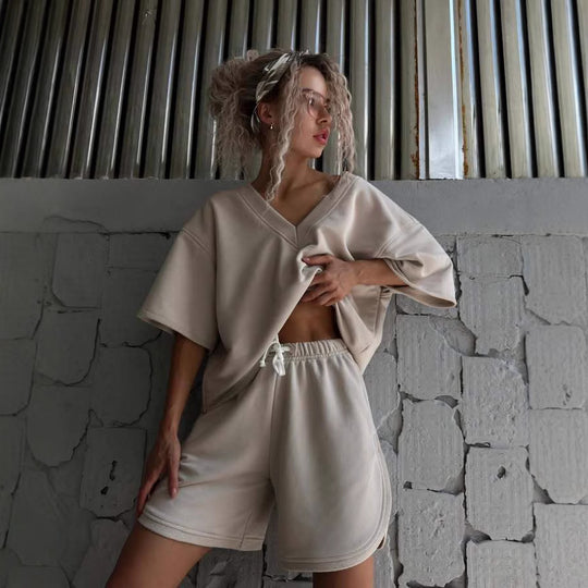Damen lässiges Oberteil und Shorts-Set mit V-Ausschnitt und weitem Schnitt EB