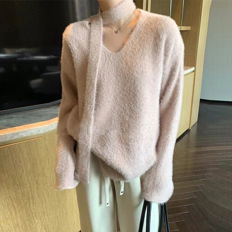 Damen Grobstrickpullover mit tiefem V-Ausschnitt und schicker Banddetails EB