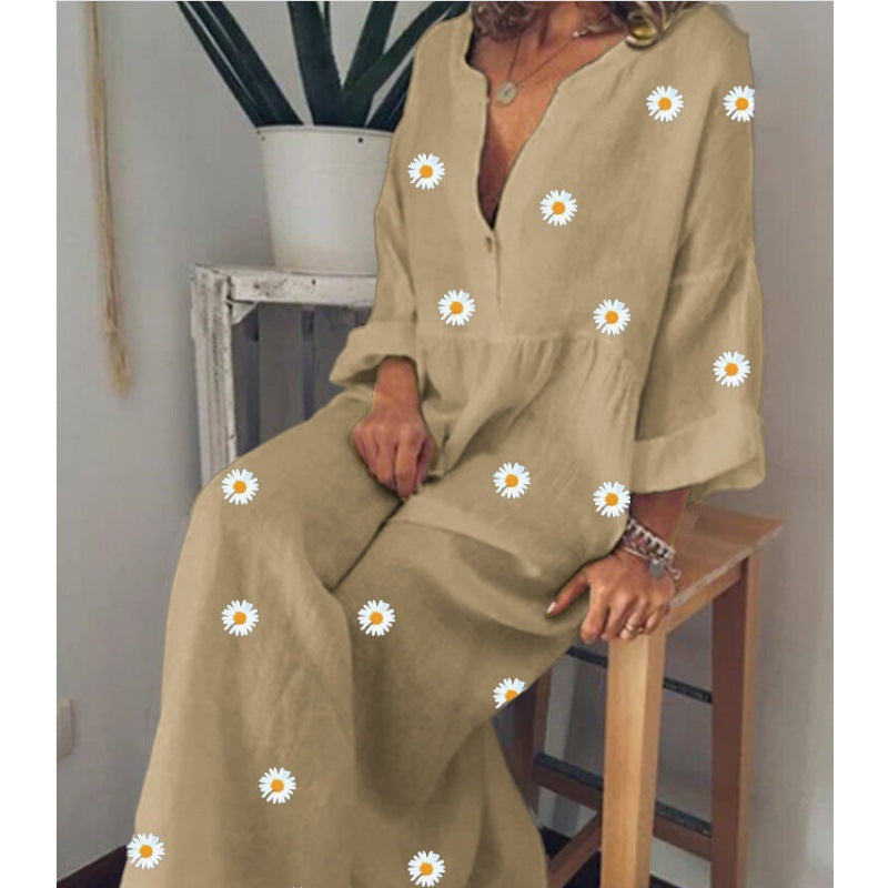 Damen Langes Leinenoptik Maxikleid mit tiefem V‑Ausschnitt, lockerer Empire‑Taillierung und Margeritenprint EB